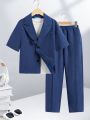 SHEIN Kids EVRYDAY Tween Boys' Loose Fit Casual Short Sleeve Suit Jacket And Pants Set With Turn-Down Collar