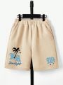 SHEIN Tween Boys' Coconut Tree & Letter Print Shorts