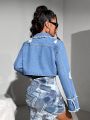 SHEIN ICON Loose Fit Casual Irregularly Cut Short Shredded Denim Jacket With Turn-Down Collar And Frayed Hem