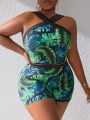 SHEIN Swim Vcay Plus Size Women'S One-Piece Swimsuit With Tropical Plant Print
