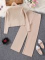 Tween Girls Solid Color Button Fly Cardigan And Knitted Pants Set