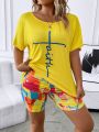 SHEIN LUNE Plus Letter Graphic Batwing Sleeve Tee & Biker Shorts