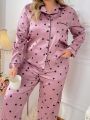 Heart Pattern Color Block Pajama Set With Piping Trim For Plus Size Women