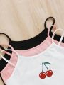 SHEIN Kids Cooltwn Tween Girls' Fashionable Sporty Knitted Cherry Print Tank Top Triple Pack