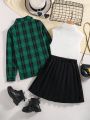 SHEIN Kids FANZEY Tween Girl Plaid Print Shirt & Pleated Skirt & High Neck Tank Top