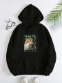 Letter & Figure Graphic Kangaroo Pocket Drawstring Thermal Hoodie