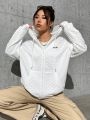 SHEIN EZwear Letter Patched Zip Up Drawstring Hoodie