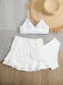 SHEIN Teen Girls 3pcs Plain Bikini Swimsuit With Ruffle Hem Beach Skirt