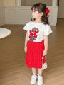 Girls' Cute Printed Short Sleeve T-Shirt And Polka Dot Skirt Set For Toddler Girls