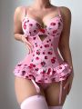 Women's Cherry Print Mesh Splice Sexy Lingerie Set