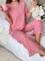 Ladies' Round Neck Sleepwear Set With Texture And Lace Patchwork