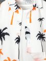 SHEIN 3pcs/Set Toddler Boys' Casual Coconut Tree Patterned Short Sleeve Shirt, Solid Color Shorts And Hat Summer Outfits