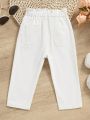 Infant Girls' Casual White Cone-shaped Jeans With Flower-shaped Waist Button Closure For Vacation