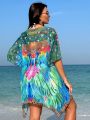 SHEIN Swim BohoFeel Women'S V-Neck RuffleSleeve Peacock Printed Casual Cover-Up