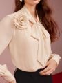 MOTF PREMIUM WOVEN WOMEN'S TIE NECK STEREO FLOWER BLOUSE