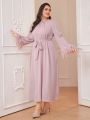 SHEIN Modely Plus Size Belted Furry Sleeve Cuff Flared Sleeve Dress