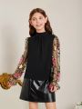 SHEIN Kids FANZEY Girls' Knit Stand Collar Elegant Shirt With Woven & Embroidered Organza Patchwork