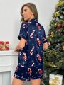 Christmas Print Contrast Piping Satin PJ Set