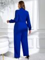 SHEIN Clasi Large Size Solid Color Stand Collar Wide Leg Jumpsuit Without Belt