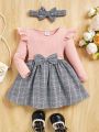 SHEIN Baby Girls' Casual Cute Bowknot Dress With Headband