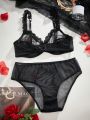 Women's Embroidered Sheer Mesh Splice Bra And Panties Set