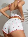 Women's Strawberry Print V-neck Cami Top And Shorts Pajama Set