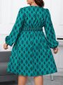 SHEIN Clasi Plus Size Geometric Printed V-neck Lantern Sleeve Dress