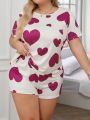 Plus Size Heart Printed Short Sleeve Pajama Set