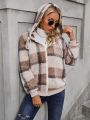 Plaid Pattern Drawstring Hooded Teddy Jacket