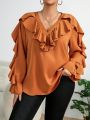 SHEIN Privé Women's Plus Size Ruffle Decorated V-neck Blouse