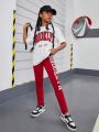 SHEIN Teenage Girls' Round Neck Knit Pullover T-Shirt And Skinny Knit Trousers For Daily Casual Outfits