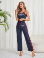 Women's Letter Print Cami Top & Drawstring Waist Long Pants Homewear Set