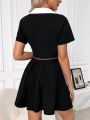 Contrast Color Turn Down Collar Cropped Top & Pleated Midi Skirt Set