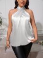 SHEIN Privé Plus Size Women's Sleeveless Cross V-neck Blouse Made Of Satin Fabric
