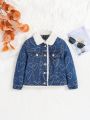 SHEIN Little Girls' Denim Jacket With Collar And Heart Pattern
