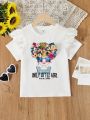 SHEIN Kids FANZEY Girls' Round Neck Short Sleeve T-Shirt With Ruffle Details, Character Print And 3d Bow Decoration