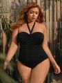 SHEIN Leisure Plus Size Solid Color Halterneck One-Piece Swimsuit