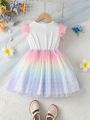 SHEIN Kids CHARMNG Young Girl's Romantic Round Neck Flying Sleeve Mermaid Printed Gradient Fish Scale Pattern Tulle Dress, Summer