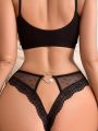 Sparkling Rhinestone Heart & Circle Decorated Sheer Mesh Thong With Lace Trimming