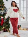 Plus Christmas Heart Embroidery Drop Shoulder Flannel PJ Set