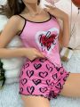 Women'S Heart And Slogan Print Contrast Piping Pajama Set