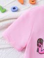 Young Girls' Cute Candy Pattern Tight Fitting Short Sleeve T-Shirt And Shorts Homewear