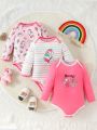 Baby Girl 3pcs Unicorn & Striped Print Bodysuit