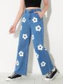 Girls' (Big) New Casual Fashionable White Floral Printed Washed Denim Wide Leg Jeans