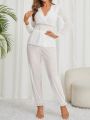 Ladies' Lace Panel Long Sleeve Top And Pants Pajama Set