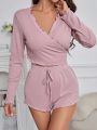 Cross Wrap Front Tie Back Top And Shorts Homewear Set