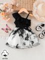 Baby Girls' Asymmetric Color-Block Butterfly Embroidery Applique Patchwork Dress With Ruffle Hem