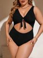SHEIN Swim Basics Plus Size Ribbed Knit One Piece Swimsuit With Front Tie And Cutout Detail