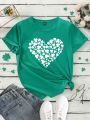 Ladies' Short Sleeve T-Shirt With Printed Heart & Shamrock Pattern