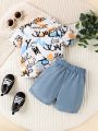 Baby Boys' Letter Printed Top And Imitation Denim Shorts Set